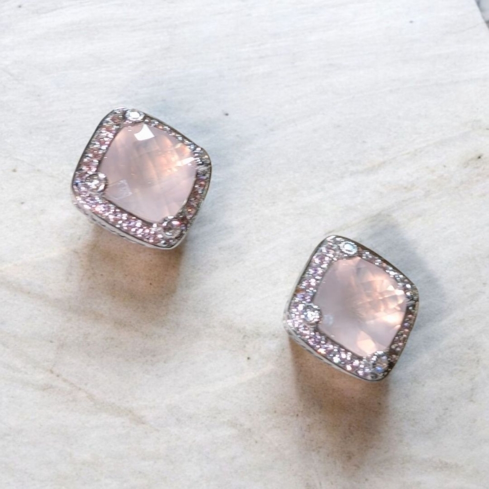 Designer Judith Ripka Rose Quartz Earrings And Trinket Dish - Picture 3 of 6